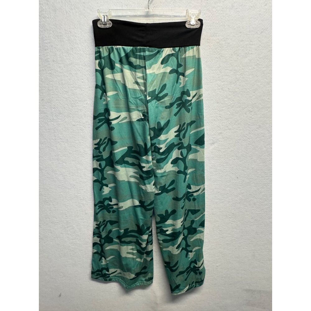Green Camo Wide-Leg Pants With Black Waistband & Drawstring - Picture 10 of 10